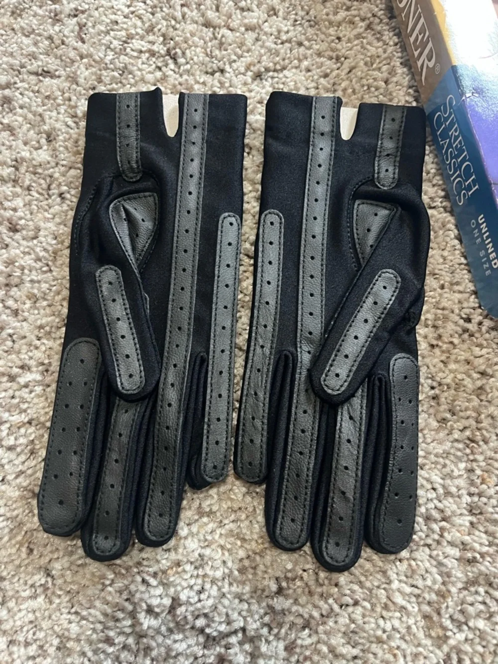 isotoner Women’s Black with Gray Chevron Accent Driving Gloves, Leather Grips - Picture 2 of 5
